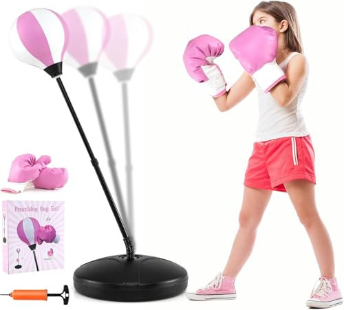 COSTWAY Punchingball 81-123cm höhenverstellbar, Kinder Boxset freistehend, Boxsack Set, Box Set inkl. Boxhandschuhe und Handpumpe, Standboxsack für Kinder und Jugend (Rosa)