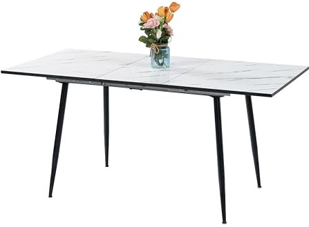 39F FURNITURE DREAM Table à Manger Extensible avec Effet marbre Blanc - Longueur réglable 120-160 cm - Design Moderne avec Pieds en métal Noir - Parfait pour la Salle à Manger, la Cuisine - Blanc