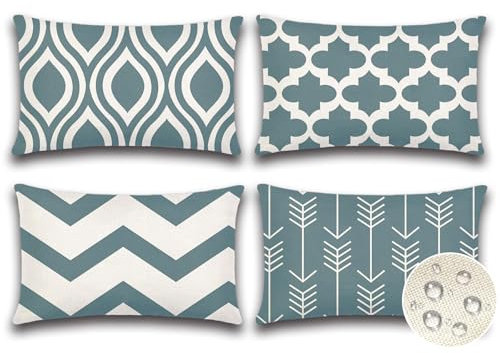 JOTOM Set of 4 Outdoor Decorative Cushion Covers 30x50 cm Modern Geometric Waterproof Throw Pillow Covers 12x20 Inch Sofa Indoor Bed Decor Cushion Cases for Patio Garden Porch Bench (Grey)