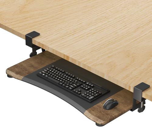 suptek DSF1C Keyboard Tray, Keyboard Stand Under Desk Extendable with Sturdy C Clamp, 650 x 300 mm Extendable Platform Computer Keyboard Tray for Typing, Black and Maple, Black and Maple