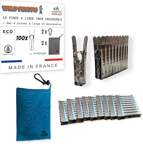 Wild PinUps: 100 Pinces à Linge Inox Incassables Pincinox avec Panier Pince à Linge et Mousqueton. Pour Buanderie, Fil à linge, séchoir à linge. l'Epingle a Linge solide, durable à vie, Made in France