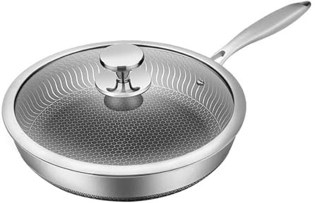 Prettiee Non-stick frying pan 304 stainless steel frying pan Grid design on the surface and bottom of the frying pan (With Lid 30CM)