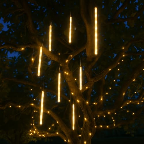 LED Solar Lichterkette Meteor für Außen, 8 Regenlichter mit 192 warmweißen LEDs, 2 Lichtmodi (Dauerlicht & Meteorschauer), 4,9 m, wetterfest, Solarbetrieben, Garten Deko, Balkon, Terrasse