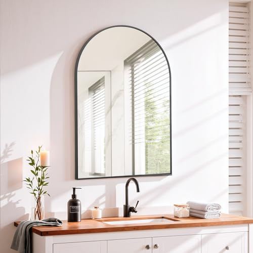 MAMIZO Bogen Wandspiegel 66x96cm, Badspiegel, Dekorative Spiegel, gehärtetes Glas mit Aluminiumrahmen, Bogen Halbkreisförmig Spiegel, für Badezimmer Flur Wohnzimmer, Schlafzimmer, Waschtisch,Flur