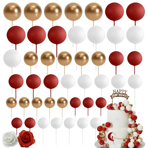 48 Stück Cake-Topper-Kugeln - Kuchen-Deko in Rot, Weiß & Gold - Für Geburtstag, Hochzeit & DIY-Kuchen - Backdekoration aus hochwertigem Material