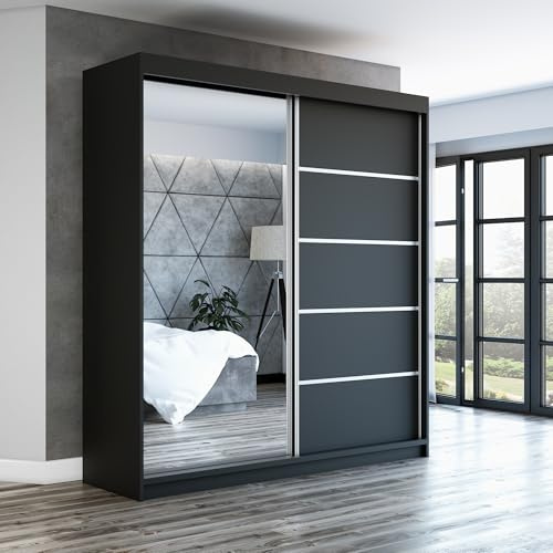 A&J MöbelLand Schwebetürenschrank GAPI Kleiderschrank 2-türig mit Spiegel, Garderobe 180 cm (Schwarz/schwarz/schwarz)