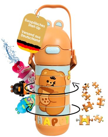 KiDDOH Kinder Trinkflasche, Edelstahl mit drehbaren Puzzle-Ringen, 430 ml, BPA-Frei, 100% auslaufsicher, 12 Stunden warm/kalt - Kindergarten & Schule (Teddybär Braun)