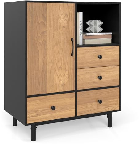 COSTWAY Sideboard modern, Buffet Aufbewahrungsschrank mit 4 Schubladen & offenem Fach, freistehender Kommode Seitenschrank mit Metallbeinen für Wohnzimmer, 80 x 45,5 x 97,5 cm (Schwarz)