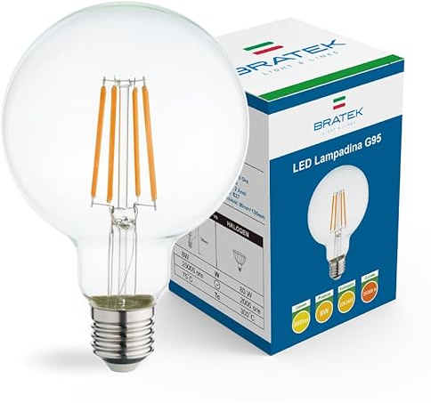 Bratek LED-Lampe E27 Warmweiß Vintage 3000K 8W 880 Lumen - Vintage-Globuslampe E27 mit transparentem LED-Filament, entspricht 90W Glühlampe oder 80W Halogenlampe