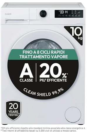 Candy ProWash 300 Lavatrice 10 Kg, 1400 Giri, Classe A-20%, Bianca | Motore Inverter BPM, Vapore, Cicli Rapidi, 69 dB, Smart Spray, Acciaio Inox, Design Compatto, Silenziosa, GD 4108-S