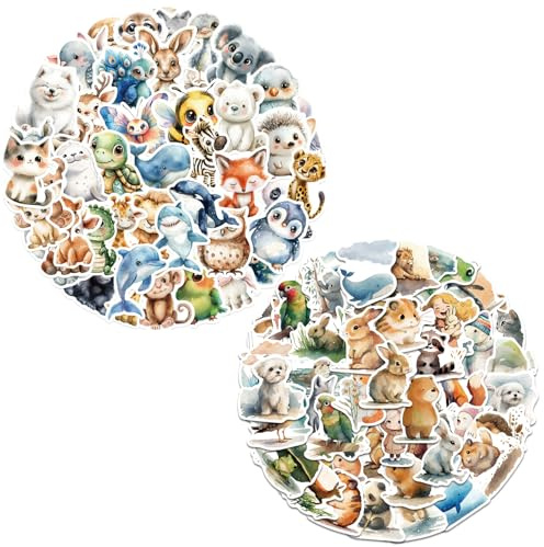 Tiere Sticker Set – 100 Stück Illustration Tiere Aufkleber, Vinyl Aufkleber mit niedlichen Aquarellen Tieren, Wasserfest für Laptop, Telefon, Wasserflasche und mehr