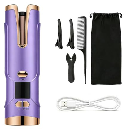 Ferro arricciacapelli automatico senza fili elettrico da 20 mm per capelli corti/lunghi/fini, con grande batteria da 5200 mAh, porta di ricarica di tipo C, 6 livelli di temperatura (150-200 °C), viola