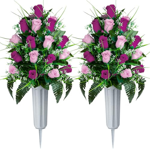 SIFOEL 2 Stücke Künstlicher Gedenkfriedhof Blumen Rose Blumen Blumenstrauß mit Vase für Friedhof Grabsteine Dekoration (Pink & Purple)