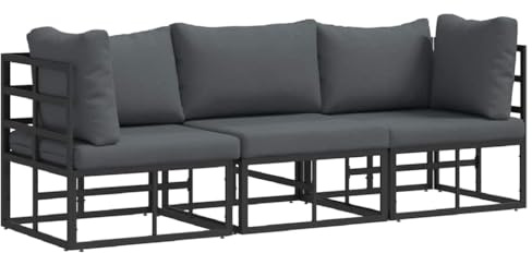 Foknhdi 3-teiliges Gartensofa Set Schwarz Anthrazit Metall 214x71,5 cm Ecksofa Mittelsofa mit abnehmbaren Kissen, Modernes Design Robust und Langlebig für Balkon Terrasse Garten