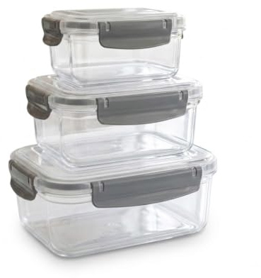 RINCS Essentials Nestled Flat Clip Lock Food Storage Containers-3 pack Airtight Leakproof Lunch Boxes with Silicone Seal | BPA free Plastic Food Storage Boxes, stackable meal prep containers