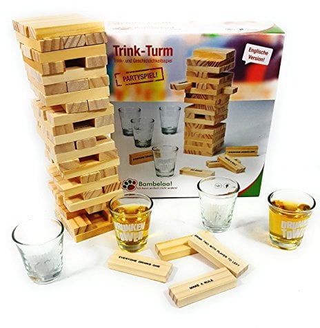 Bambelaa! Trinkspiel Partyspiel Wackelturm Drunken Tower inklusive Vier Trinkgläser ca. 4cl (Englische Version)