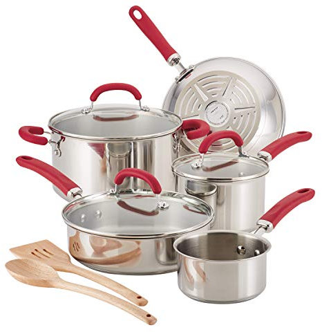 Rachael Ray 70413 Batterie de Cuisine Inox, Acier inoxydable, Red, 10 Piece