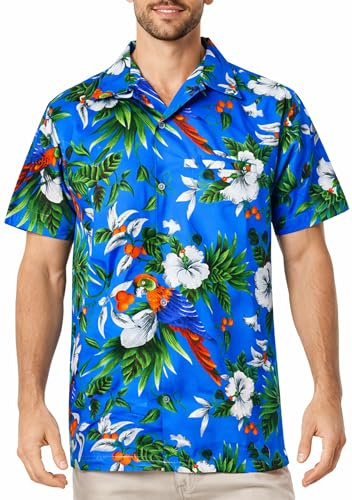 King Kameha Hawaii Hemd Männer - Tropisches Hawaiihemd Herren Kurzarm mit Papagei Print, Ideal für Urlaub, Festival & Strand