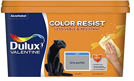 Dulux Valentine Color Resist Pièces à Vivre - Peinture Intérieure Murs, Plafonds, Boiseries - Lessivable et Résistante - Couleur : Gris Parfait - 2,5 L - 5351566