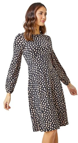 Roman Originals Women Gathered Chest Dress Ladies Stretchy Fit & Flare Swing Tea A Line Skater Knee Length Long Sleeve Midi Smart Casual Work Going Out Cocktail Party - Black & Natural - Size 14