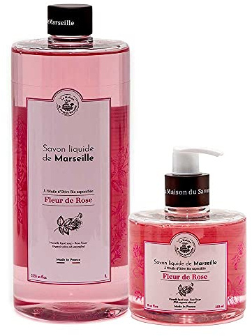 Savon de Marseille - French Liquid Soap made with Organic Olive Oil - Rose Hand Wash 1 Litre Refill and 330ml Bottle Dispenser