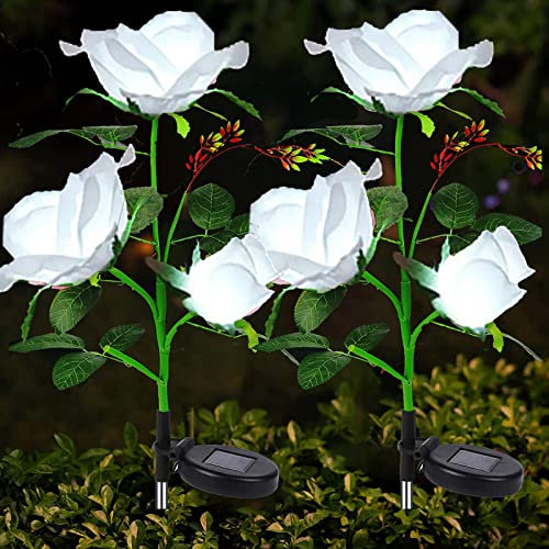 eaaerr Solarlampen für Außen Garten 2 Stück Solarleuchten Garten mit 6 Größer Rose Blume,Wasserdicht LED Solarleuchten Garten Deko für Büsche,Rasenflächen,Zäune,Blumenkästen,Spazierweg (Weiß)