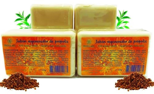Packung x 4 Propolis-Seife x 100 g. Nährende, regenerierende, feuchtigkeitsspendende und antiseptische ökologische Seife. Handgemachte Seife für alle Hauttypen geeignet.