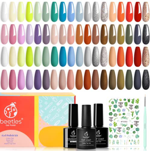 Beetles Gel Nail Polishes- 36 Pcs Gel Nail Polish Texas Rose Set Nude Gray Red Glitter Black Gel Polish Starter Kit with Glossy Matte Top Base Coat Nail Art