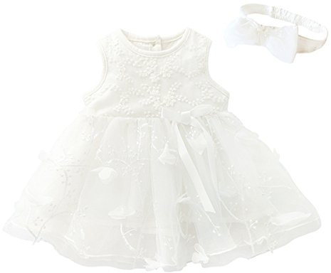 famuka Bebé Vestido de niña Cordón Festival cumpleaños Formal Vestido (Blanco, 3 Meses)