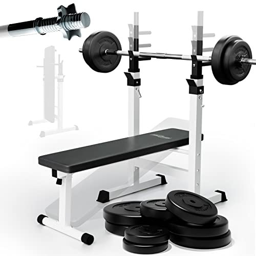 Physionics® Hantelbank mit Langhantelset-Ablage,40/70/100kg Gewichten, Dip Station,bis 200kg,Klappbar, Höhenverstellbar, 140/165cm-Multifunktion Trainingsbank, Flachbank (100 kg Gewichte + Langhantel)