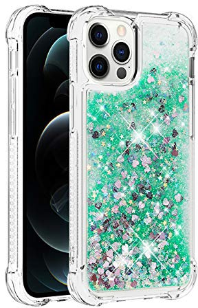 KBIKO-zxl Compatible with iPhone 12 Pro Case Clear Liquid Glitter Soft TPU Bumper Cover Shockproof Transparent Girly Woman Protective Phone Case for iPhone 12 Pro.Green YBL