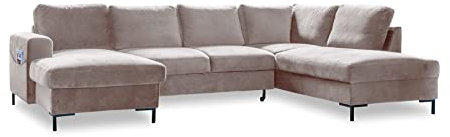 MIUFORM Ecksofa U Form mit Schlaffunktion und Bettkasten | Lofty Lilly | Wohnladschaft Couch Schlafcouch Wohnzimmer Gästezimmer | Samt Metallfüße (Dunkelbeige, Rechts ausgerichtet)