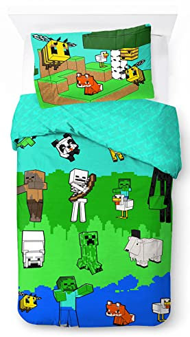 Jay Franco Minecraft Creative Mode 100% Baumwolle Kinderbettwäsche-Set 135x200 cm Einzelbettgröße - Bettbezug + Kissenbezug 50x70 cm