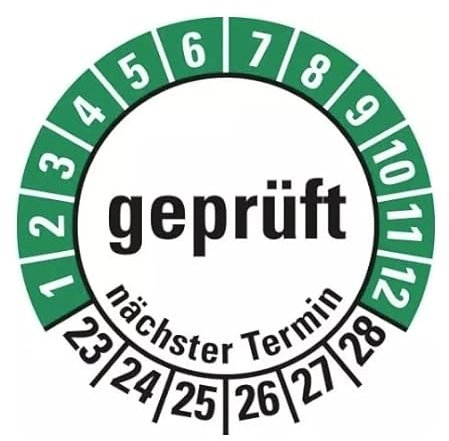 25 Stück – Mehrjahresprüfplakette „geprüft nächster Termin | 23-28“ Etikett Folie Aufkleber, weiß/grün | Ø15-40mm Made in Germany, Größe: Ø15 mm