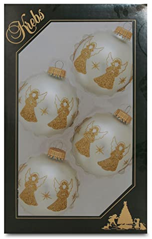 Krebs Glas Lauscha Weihnachtskugeln Silber mit goldenen Engeln 4 Stück/Set, Ø 7 cm Christbaumkugeln