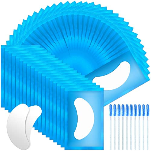 URAQT Augenpads für Wimpernverlängerung, 50 Paar Wimpernpads, Wimpern Extension Pads mit 10 Stück Wimpernbürste, Wimpernverlängerung Augen Pads Eye Patch für Eyelash Extensions (Blau)