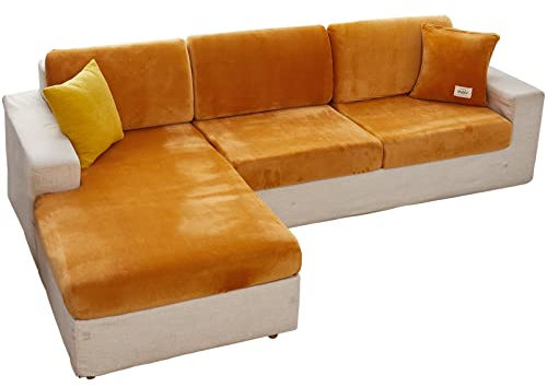 EURHOWING Universal Stretch Samt Chaiselongue Sofa Schonbezug für Schnittsofa L-Form, Schnittsofabezug Weicher Schonbezug Ersatz für L-förmiges Sofa mit elastischem Rand (Récamiere, Orange)