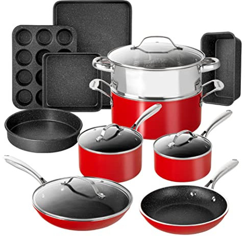 Granitestone Juego de 15 ollas y sartenes antiadherentes, juego de utensilios de cocina, ollas y sartenes ultra duraderas para cocinar con revestimiento antiadherente, apto para lavavajillas y horno,