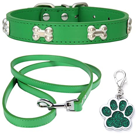 HALFSUMO Hundehalsband Leder Halsband Hundeleine Combo Set Hundehalsbänder Verstellbares Welpenhalsband für Kleine Mittelgroße Hunde Katzen Grün S