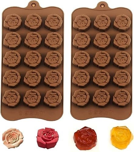 BURRSJ Rose Flower Shaped Silicone Chocolate & Ice Cube Tray - 2PCS, 15-Cavity Wax Melt Mold