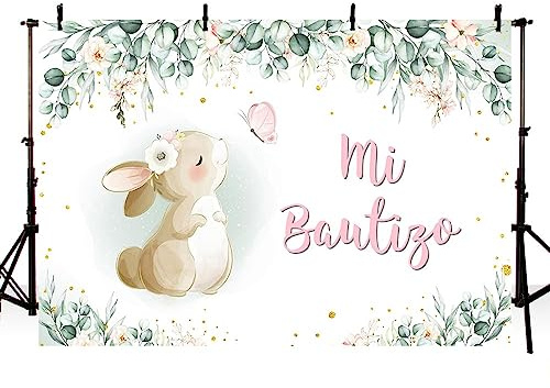 AIBIIN Fondo Fotográfico MI BAUTIZO de 2,1 x 1,5 m, Dios Bendiga, Primera Comunión, Conejo, Hojas Verdes, Decoración del Hogar, Papel Pintado, Retrato