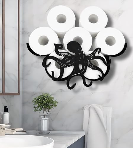 Teaeeno Octopus Toilettenpapier-Aufbewahrung aus Metall, schwarz, lustiger Toilettenpapierhalter für Badezimmer, Wand-Toiletten, Papier-Organizer für zusätzliche 8 Rollen
