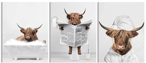QPLGTU Badezimmer Haus Hintergrund Wanddekoration Poster, Schwarz und weiß Hochland Vieh Tier Dekoration Fotos Tapete, lustige Tier Druck Poster, Rahmenlos (Hochlandrinder 7, 40x60cm*3)