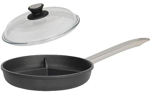 SKK große 2-tlg. Aluguss Antihaft Pfanne Ø 28 cm - Induktion - 3-geteilte Gusspfanne ideal zum Braten dreierlei Speisen & Deckel - Made in Germany
