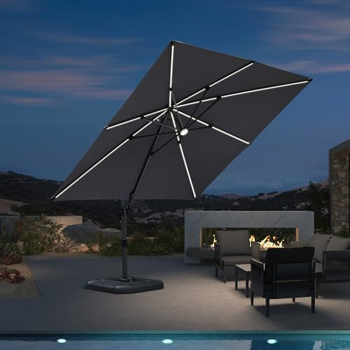 PURPLE LEAF - Sombrilla de jardín (3 x 3 m, con LED solar, base cruzada, parasol de jardín, exterior, tela de protección UV, inclinación y rotación 360°, para balcón y terraza, color gris claro