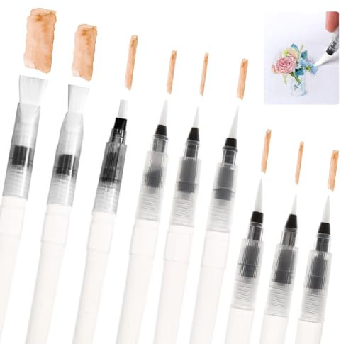 9 Pièces Pinceau Aquarelle Reserve d'eau, Stylos Pinceaux à Eau, Pinceau Rechargeable, Pinceau Reservoir, Stylo Pinceaux Aquarelle, Pinceau Aquarelle pour Aquarelle Bullet Journal Calligraphie