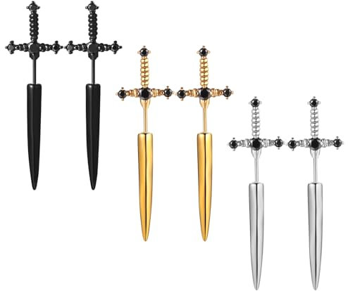 JewelryWe Schwert Ohrringe Herren Ohrstecker: 3pcs Edelstahl Gothic Punk Langes Schwert Ohrstecker Kreuz Dolch Schraube Ohrring Helix Tragus Ohr Piercings für Männer Junge