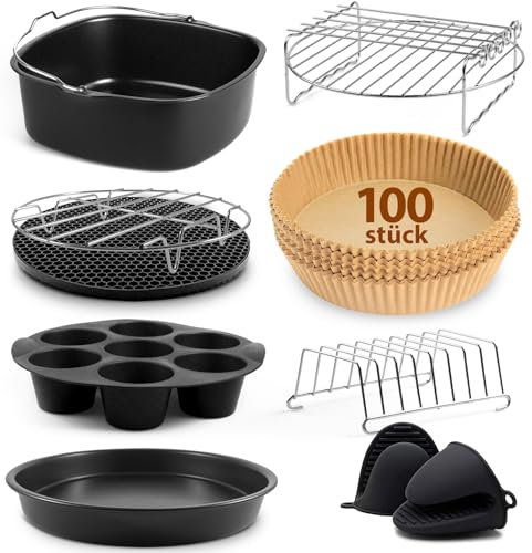 Fentic Accessori Friggitrice ad Aria XL e XXL | ⌀ 20cm | Fino a Per Philips 8.3L, COSORI 6.0L, Cecotec 9.0L, Russell Hobbs 8.0L | Compresa Carta Forno per Friggitrice ad Aria (100 pezzi)