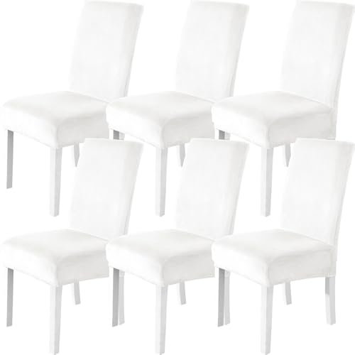 CYCMACO Stuhlhussen Samt 6er Set, Stretch Stuhlüberzieher, Stuhlbezug Schwingstuhl, Hussen Für Stühle Hochlehner, Stuhlbezüge Kratzfest, Universal Chair Cover Waschbarer, Weiß