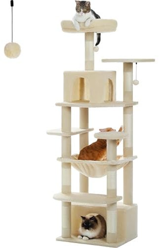 PAWZ Road Großer Katzenbaum, 164 cm Katzenturm für große Katzen, Katzenhaus mit Sisalüberzogenen Kratzbäumen und Pads, 2 gepolsterte Sitzstangen, Doppelkabinen und Korb für Indoor-Katzen, Beige
